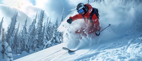 Extreme snowboarder has fun riding fresh powder snow off piste in white mountains  photo