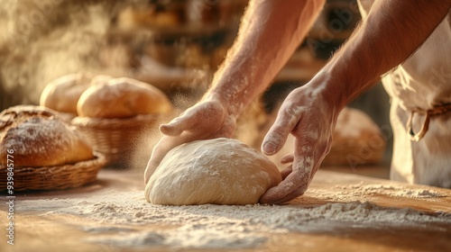 A skilled baker kneads dough, surrounded by flour, as fresh bread fills the warm, rustic bakery. photo