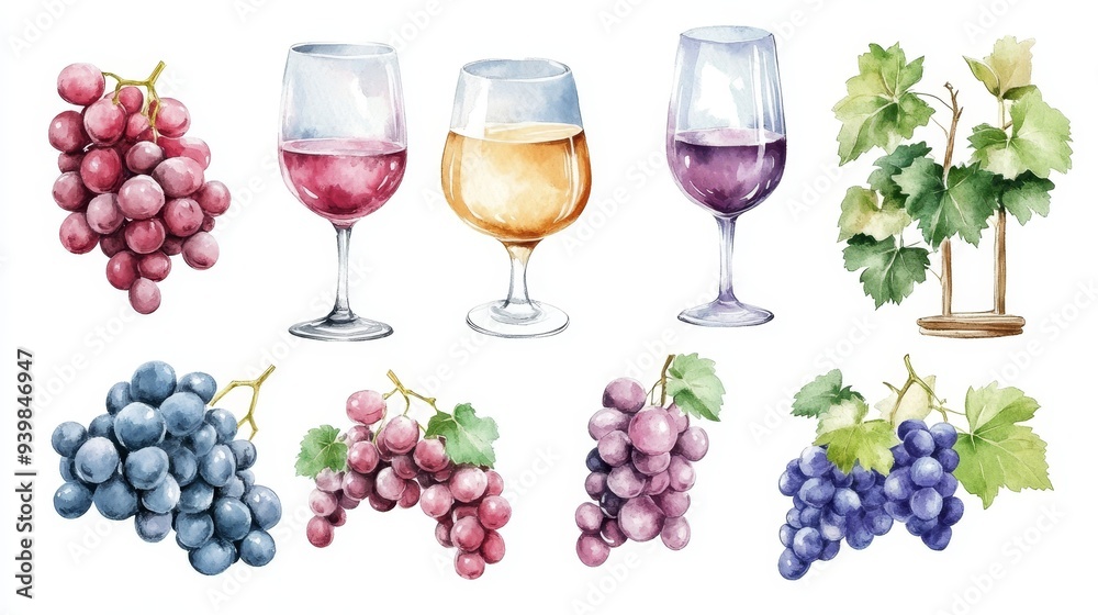 Fototapeta premium Wine glasses, wine and grapes set. White background. Watercolor illustrations