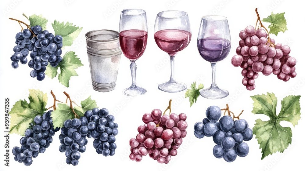 Fototapeta premium Wine glasses, wine and grapes set. White background. Watercolor illustrations