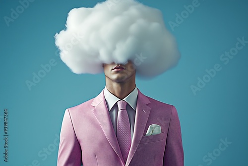 Surreal person in pink suit with cloud obscuring head photo