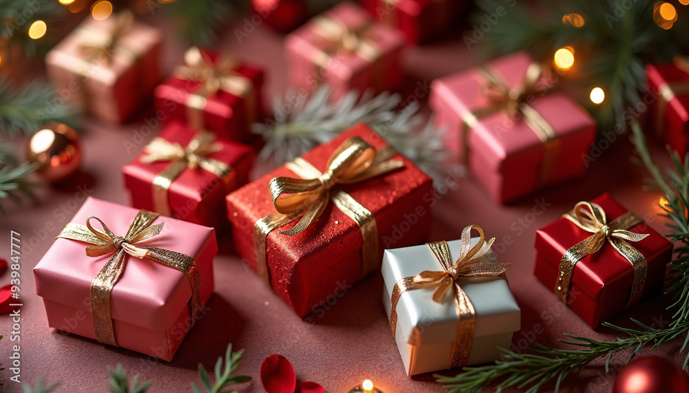 An elegant assortment of gift-wrapped boxes in a range of vibrant colors and patterns, artfully arranged on a festive table. An elegant assortment of gift-wrapped boxes in a range of vibrant colors and patterns, artfully arranged on a festive table.