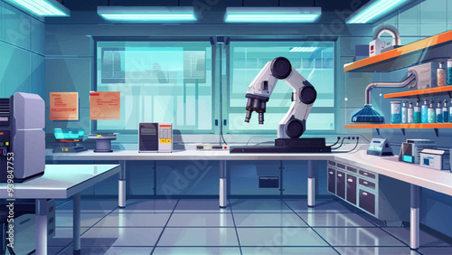 Science Lab Interior Featuring A Central Robot Arm Surrounded By High-Tech Equipment Laboratory Tables With Test Tubes And Beakers Futuristic Control Panels Cartoon Illustration