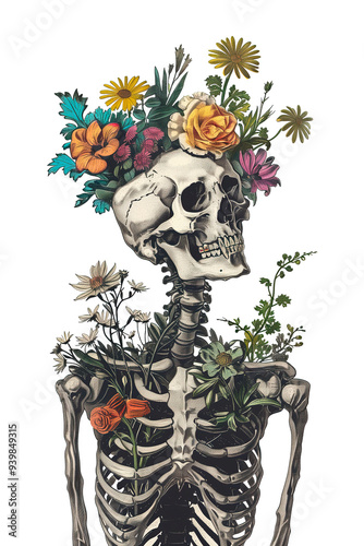 Vintage Illustration of skeleton with flowers on head