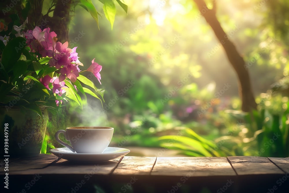 Steaming cup of coffee on wooden table in garden at sunrise Steaming cup of coffee on wooden table in garden at sunrise