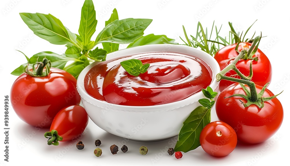 Fresh tomatoes and bowl of rich ketchup with herbs Fresh tomatoes and bowl of rich ketchup with herbs