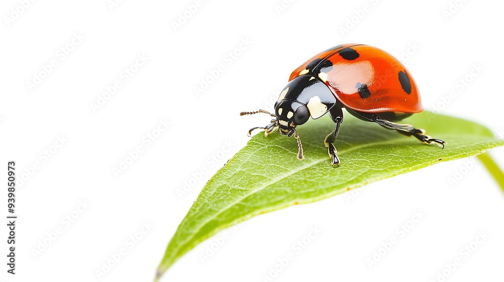 Vibrant ladybug on fresh green leaf isolated on white Vibrant ladybug on fresh green leaf isolated on white