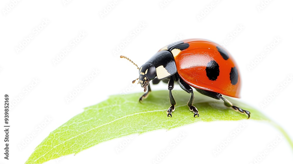 Vibrant ladybug on fresh green leaf isolated on white Vibrant ladybug on fresh green leaf isolated on white