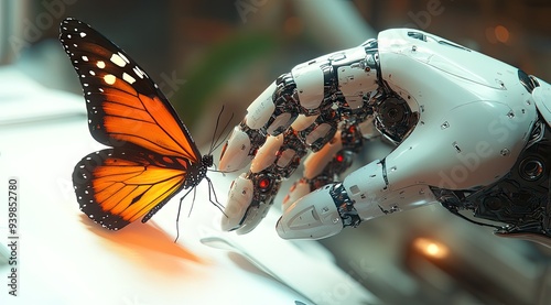 A robotic hand gently touches a butterfly, representing the delicate interaction between technology and nature.
