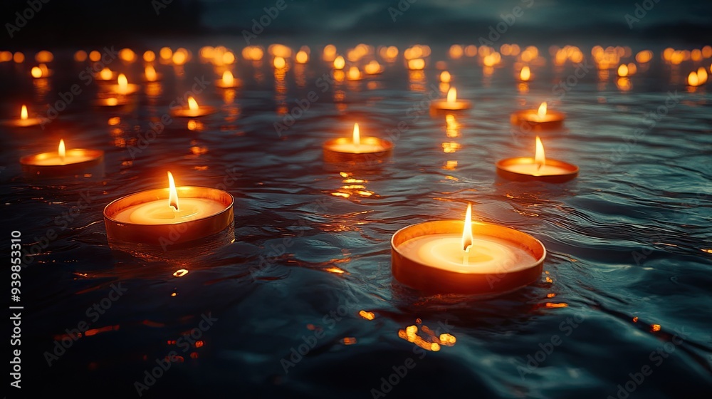Candles Floating on Water at Dusk Candles Floating on Water at Dusk