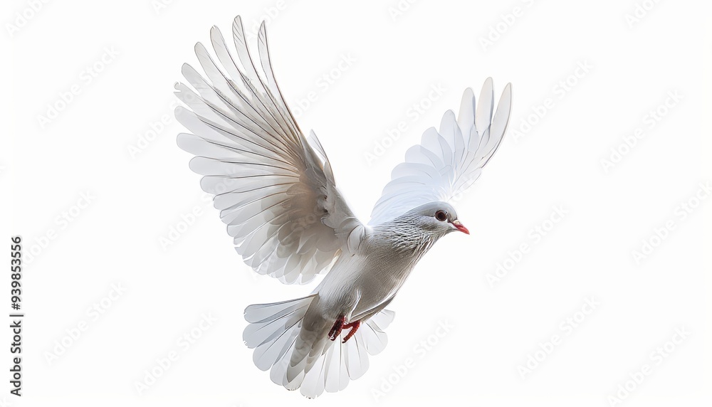 Isolated white dove soaring against a white backdrop, symbolizing peace, freedom, purity. Isolated white dove soaring against a white backdrop, symbolizing peace, freedom, purity.