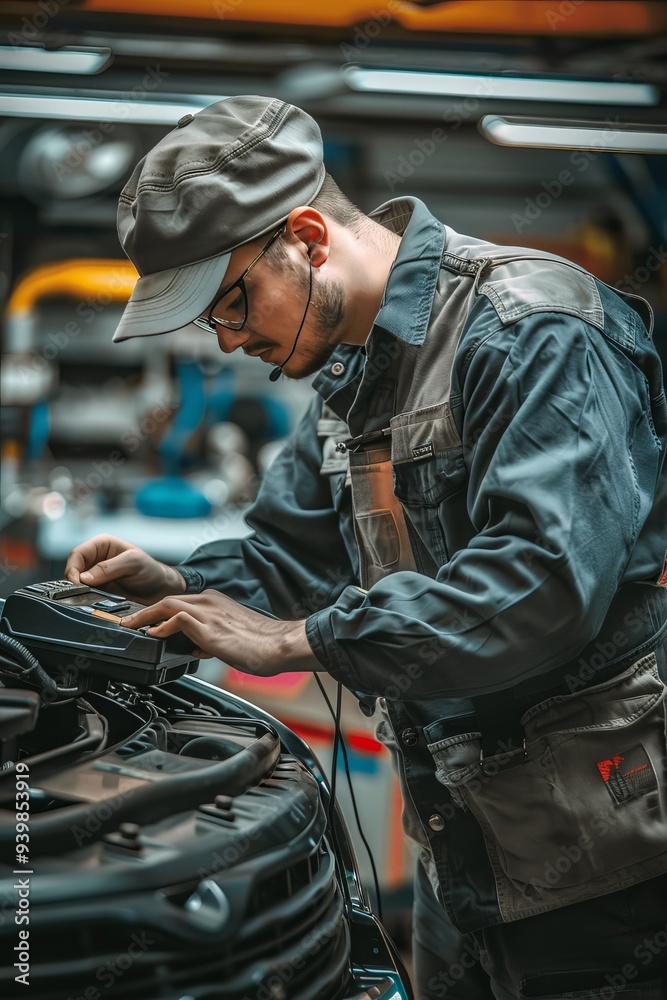 Mechanic using a diagnostic scanner to check a car's system in a workshop, focusing on repair Mechanic using a diagnostic scanner to check a car's system in a workshop, focusing on repair