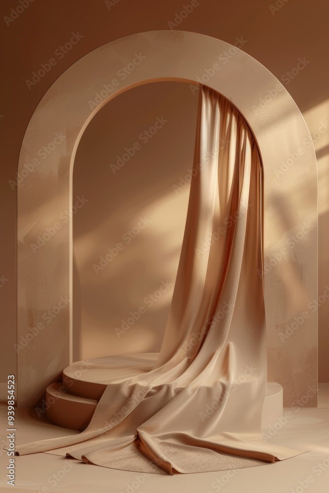 3D display podium with an arch pedestal against a beige background, featuring a billowing cloth 3D display podium with an arch pedestal against a beige background, featuring a billowing cloth