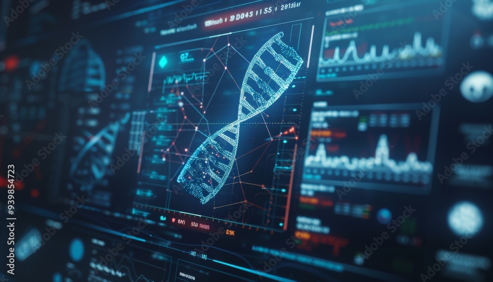 3D holographic DNA infographic a medical screen, showcasing health data analysis 3D holographic DNA infographic a medical screen, showcasing health data analysis