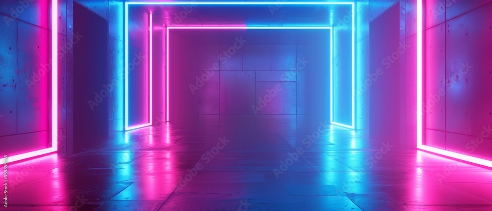 Abstract 3D render with a minimalist background illuminated by pink and blue neon lights, creating Abstract 3D render with a minimalist background illuminated by pink and blue neon lights, creating