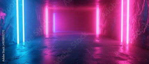 Abstract 3D render with a minimalist background illuminated by pink and blue neon lights, creating