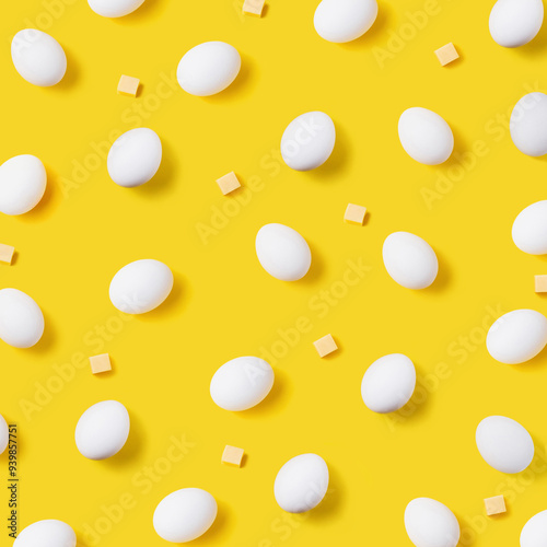 Pattern of white eggs and cheese cubes on yellow background. Creative breakfast concept