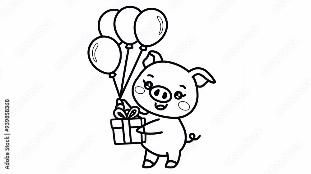Cute little pig with balloons and a gift. Coloring book for children. Simple black lines, high quality. Cute little pig with balloons and a gift. Coloring book for children. Simple black lines, high quality.