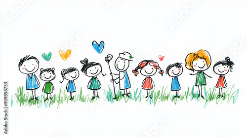 A colorful hand-drawn illustration of a group of smiling children standing in a field, surrounded by hearts and grass.