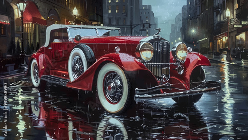 Vintage Car Parked on a Wet Street Oil on Canvas Illustration Classic Car Rainy Street Nostalgic Urban Scene Reflections on Pavement Old-fashioned Vehicle Cityscape