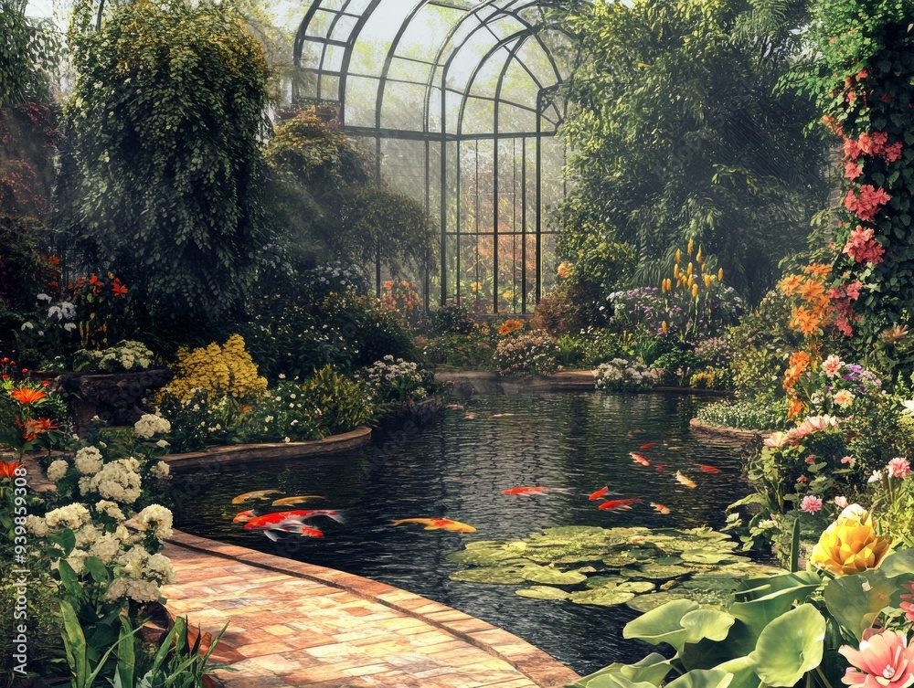 Fototapeta premium Lush Botanical GardenVibrant Greenery and Colorful Plant Life in 3D Illustration