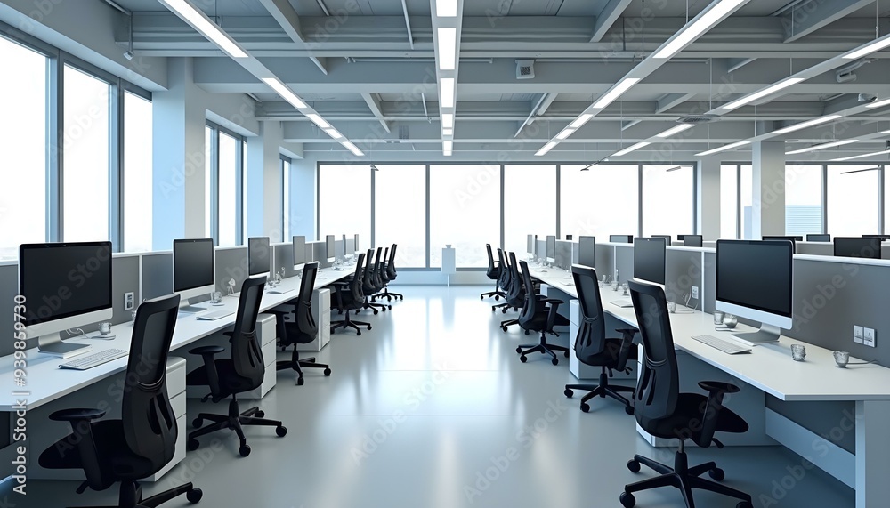 The modern open-plan office with a clean, organized layout. The workspace features rows of individual desks equipped with computers and ergonomic office chairs, separated by privacy screens. office
The modern open-plan office with a clean, organized layout. The workspace features rows of individual desks equipped with computers and ergonomic office chairs, separated by privacy screens. office