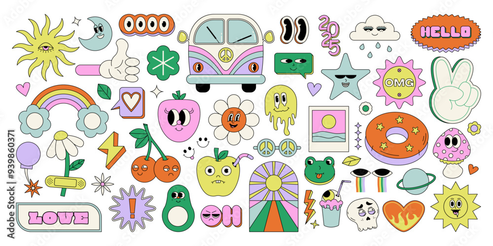 Retro groovy stickers set. Cartoon 70s funky psychedelic icons, vintage hippie decorative elements with flowers and peace signs. Vector isolated collection Retro groovy stickers set. Cartoon 70s funky psychedelic icons, vintage hippie decorative elements with flowers and peace signs. Vector isolated collection