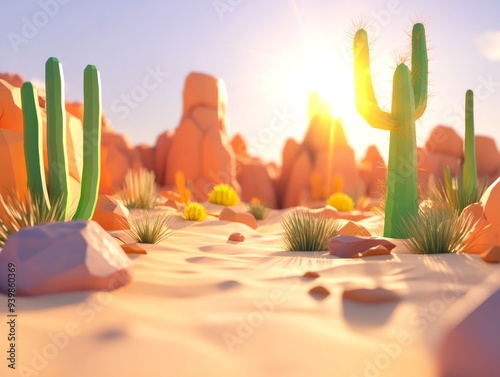 Serene Desert LandscapeMajestic Cacti underVibrant Sunset Sky photo