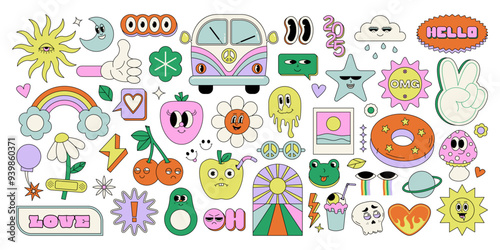 Retro groovy stickers set. Cartoon 70s funky psychedelic icons, vintage hippie decorative elements with flowers and peace signs. Vector isolated collection