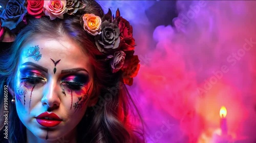 Mystical Woman with Day of the Dead Makeup and Flower Crown in Swirling Multicolored Smoke