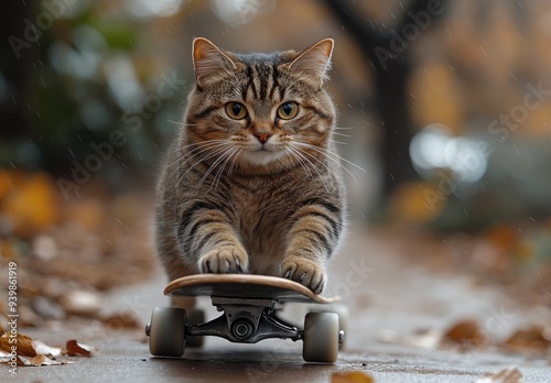 Cat Skateboarding in the Rain
