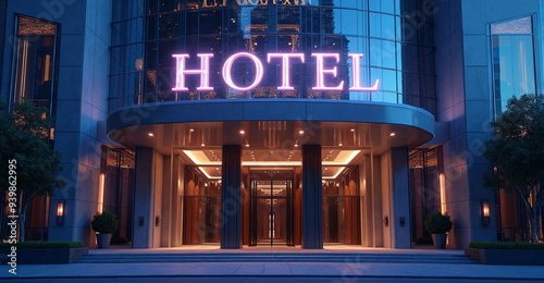  Outdoor front view of luxury hotel building entran
