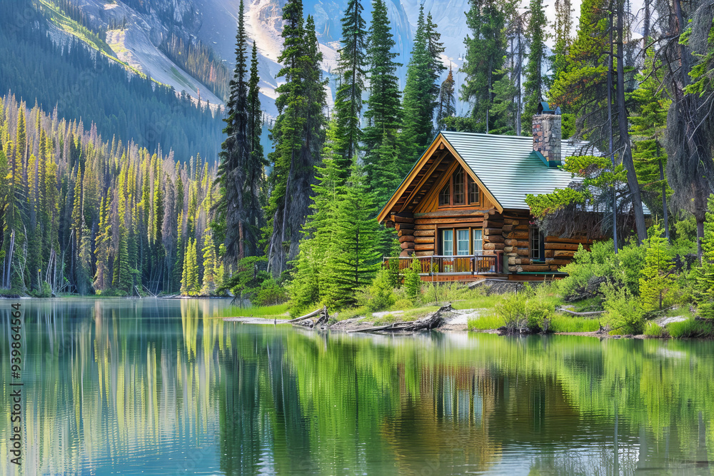 Fototapeta premium Serene Rustic Log Cabin by Mountain Lake Surrounded by Evergreen Forest in Tranquil Nature Setting, Ideal for Relaxation and Adventure