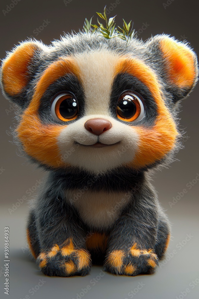 Adorable Cartoon Panda Cub with Green Sprig on Head Adorable Cartoon Panda Cub with Green Sprig on Head