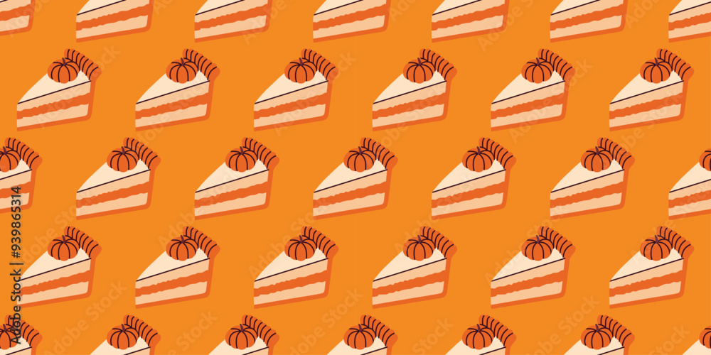 A cozy autumn pattern with a traditional pumpkin pie on an orange background. Autumn seamless pattern. Thanksgiving day. Sweet food. The annual harvest festival. A cozy autumn pattern with a traditional pumpkin pie on an orange background. Autumn seamless pattern. Thanksgiving day. Sweet food. The annual harvest festival.
