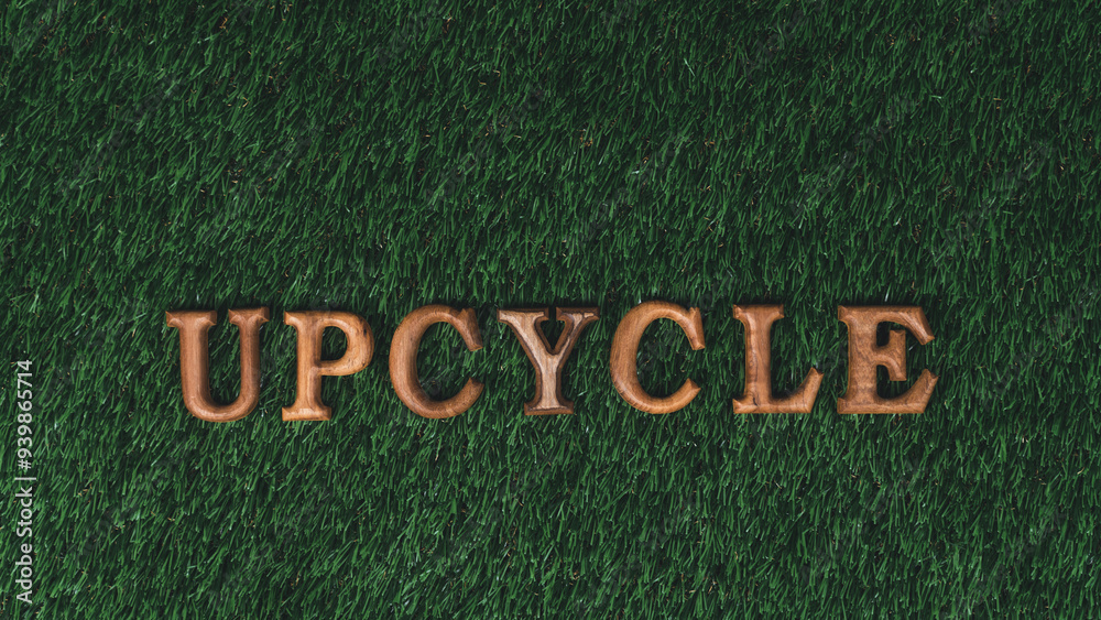 Environmental awareness campaign showcase arranged recycle message in on biophilic green grass background. Environmental social governance concept idea for sustainable and greener future. Gyre Environmental awareness campaign showcase arranged recycle message in on biophilic green grass background. Environmental social governance concept idea for sustainable and greener future. Gyre