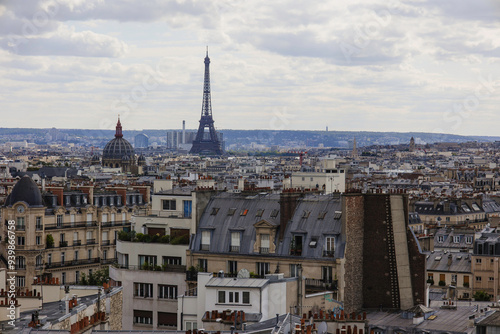 Paris roofs with attics and small chimneys