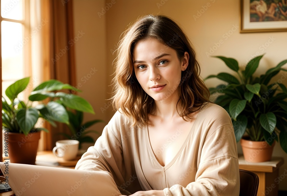 A young woman working concentratedly in a bright home office A young woman working concentratedly in a bright home office