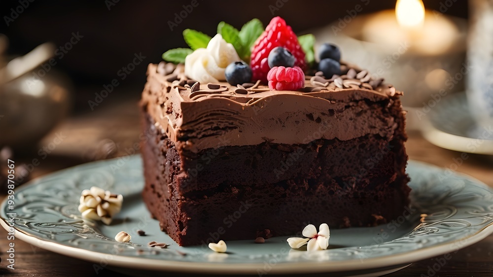 A close-up of a delicious-looking slice of chocolate cake with rich frosting and garnishes, set on a decorative plate with soft, natural lighting enhancing the details. A close-up of a delicious-looking slice of chocolate cake with rich frosting and garnishes, set on a decorative plate with soft, natural lighting enhancing the details.