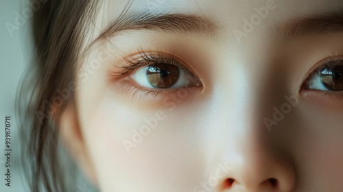 Close-up Korean woman face. Detailed skin texture