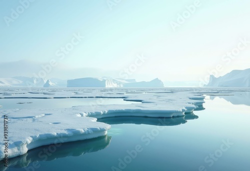 Arctic Ice Floe with Melt Ponds and Floating Icebergs in Polar Region, Reflective Ice and Snow Landscape