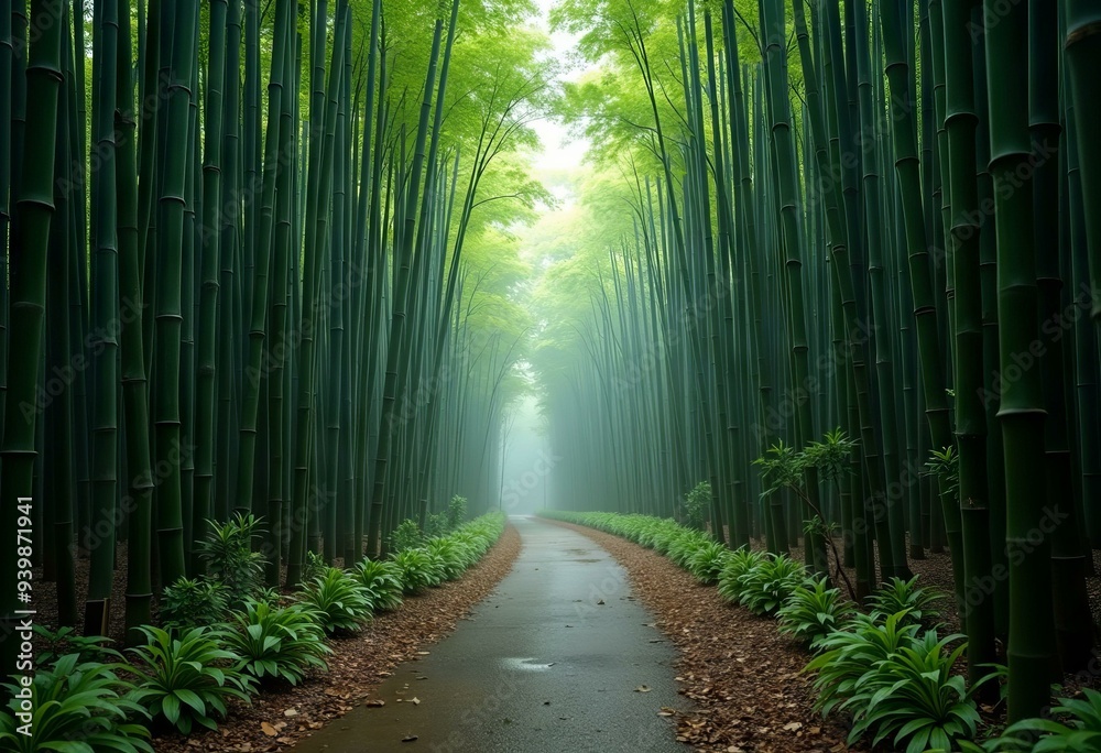 Bamboo Forest Path After Rain with Soft Light, Refreshed Greens Bamboo Forest Path After Rain with Soft Light, Refreshed Greens