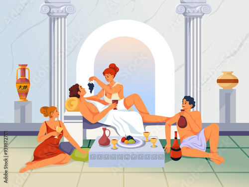 Ancient people drink wine. Roman greek history mythology hero god characters in toga drinking alcohol amphora, rome empire symposium party leisure time, recent vector illustration