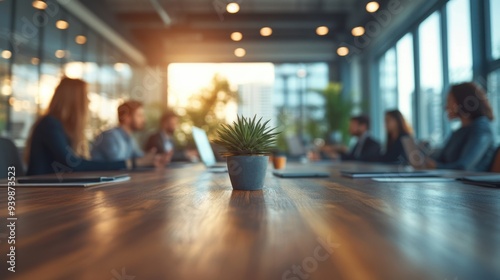 Business meeting in modern office. focus on plant centerpiece. professionals collaborating in afternoon light.