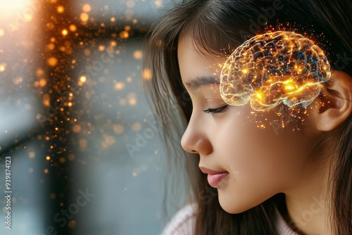 Side profile of a young girl with a glowing brain symbolizing early cognitive development curiosity and the spark of imagination in a bright and hopeful digital art style photo