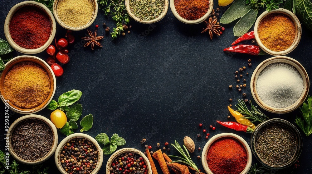 Assorted spices in bowls arranged on dark table. culinary concept exploring flavors and ingredients. Assorted spices in bowls arranged on dark table. culinary concept exploring flavors and ingredients.