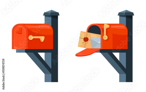 Open closed mailbox. Mail box communication, post service concept send envelope document message or paper letter postal delivery on address, postage cartoon vector illustration