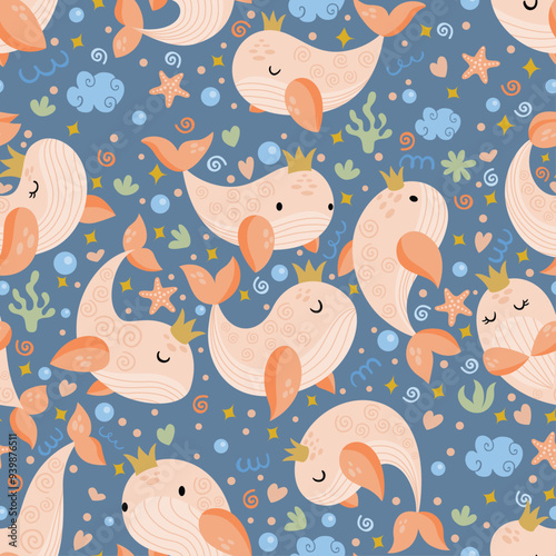 Seamless pattern background with whale princess with crown