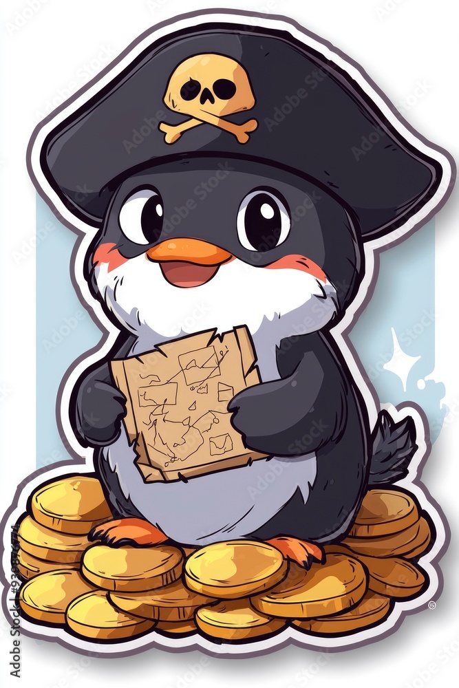 Pirate Penguin with Treasure Map and Gold Coins Pirate Penguin with Treasure Map and Gold Coins