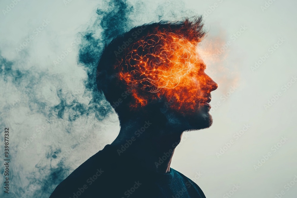 Side profile of a man with a fiery glowing brain symbolizing the intensity of creativity passion and the burning desire for knowledge in a dynamic digital art style Side profile of a man with a fiery glowing brain symbolizing the intensity of creativity passion and the burning desire for knowledge in a dynamic digital art style